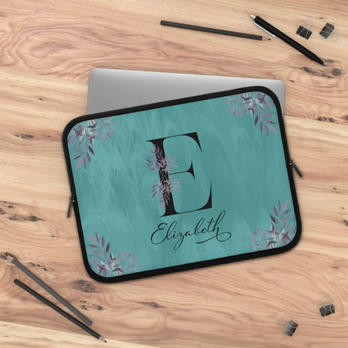 Floral Teal Monogram Custom Name Laptop Sleeve